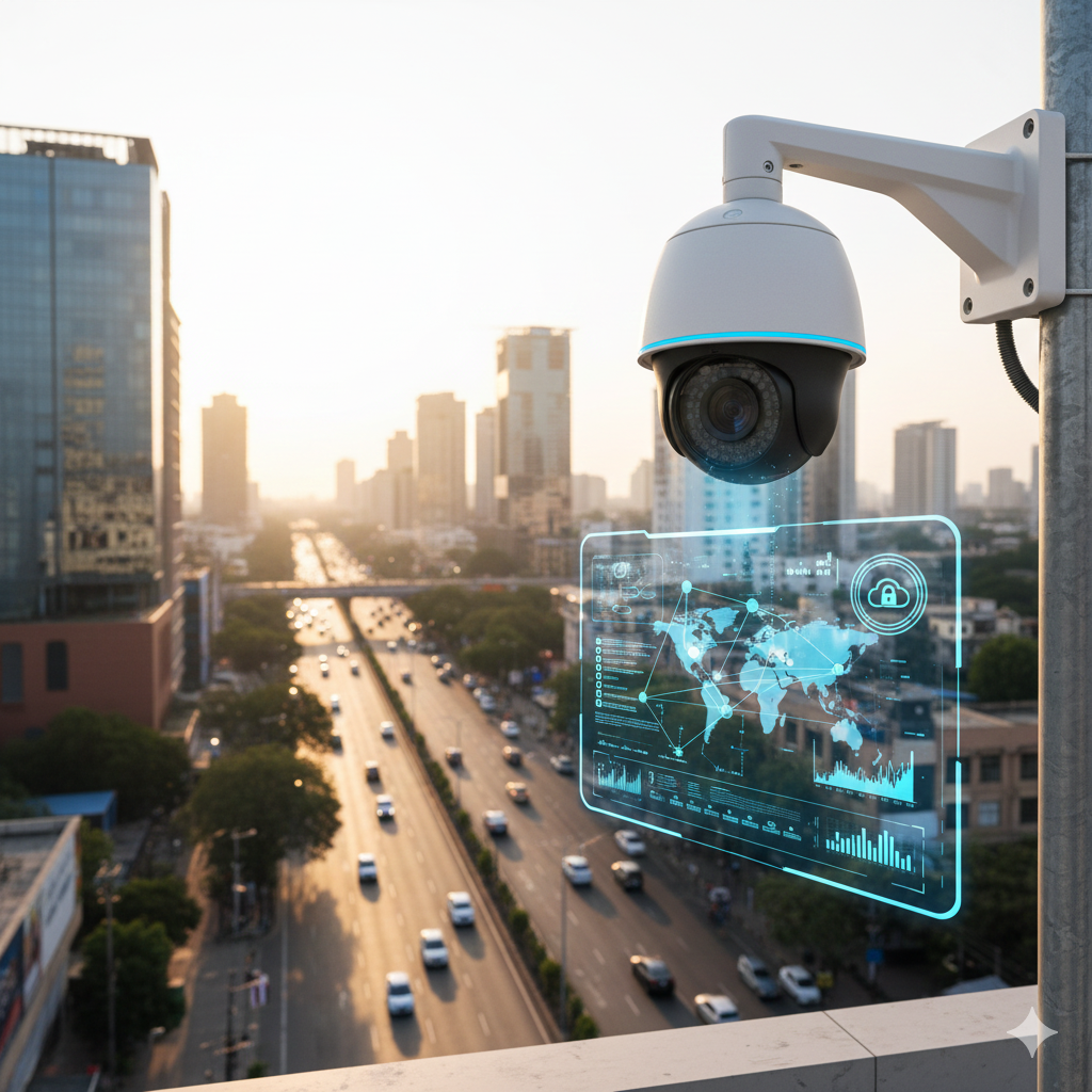 A modern white CCTV camera against a clear blue sky.