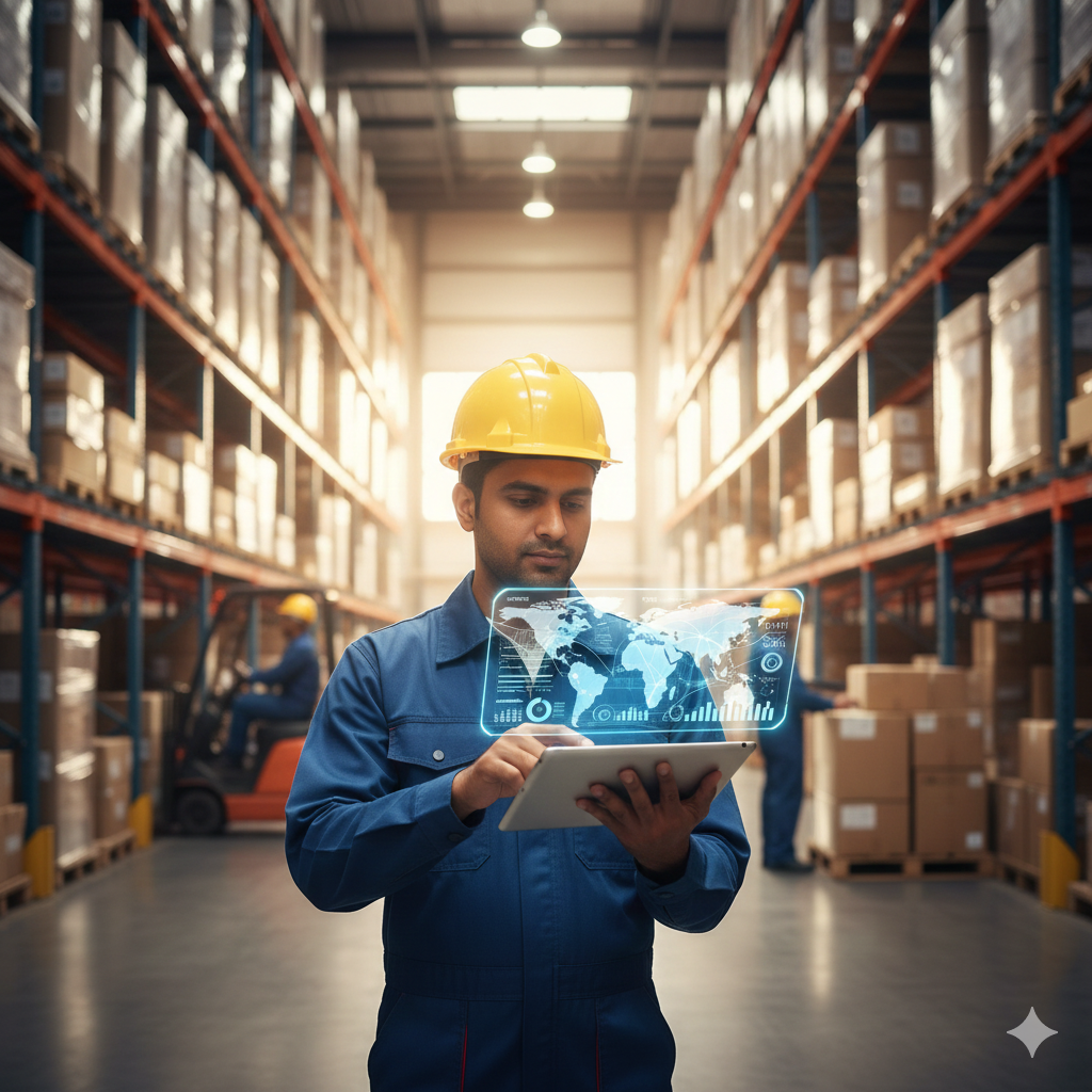 A person in a warehouse checking inventory on a tablet representing procurement and supply chain management.