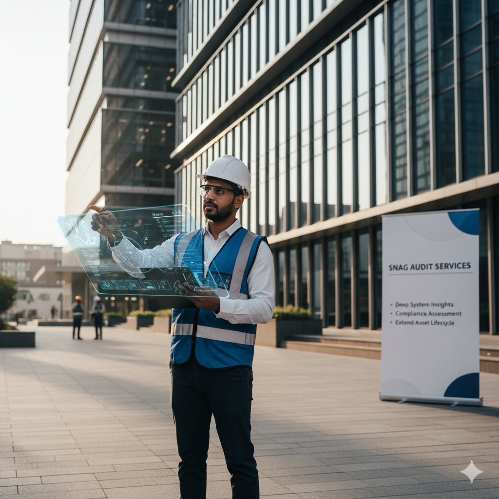 An inspector with a clipboard examining the exterior of a modern building.