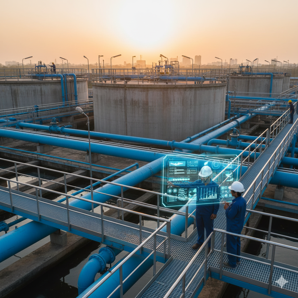 Industrial water treatment plant with large tanks and blue pipes.